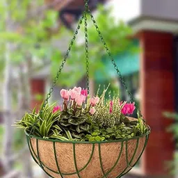 Garden Deco Set of 2 Green Metal Coir Hanging Basket Planter With Chain-25