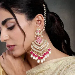 Peora Pink & Gold-Plated Pink Kundan Pearl Dangling Earrings With Chain-18