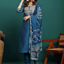 Sangria Embroidered Round Neck Straight Kurta With Trousers & Dupatta-picture-56