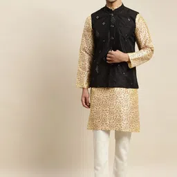 SOJANYA Men Beige Ethnic Motifs Printed Kurta & Churidar Comes with a Nehru Jacket-21