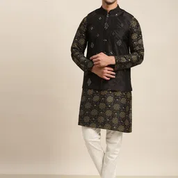 SOJANYA Men Black Floral Printed Mirror Work Kurta with Churidar & Nehru Jacket-12