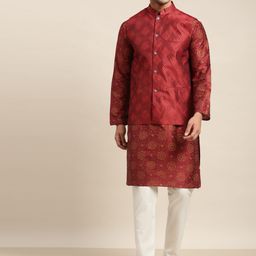 SOJANYA Men Maroon Kurta with Churidar & Nehru Jacket-13