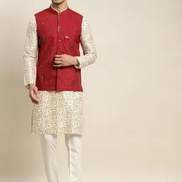 SOJANYA Men Cream-Coloured Ethnic Printed Kurta & Churidar Comes with a Nehru Jacket-picture-40