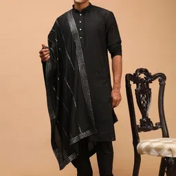 SHRESTHA BY VASTRAMAY Men Black Solid Kurta With Churidar & With Mirror Work Dupatta-picture-56