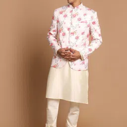 VASTRAMAY Men Floral Printed Kurta with Churidar & Nehru Jacket-17