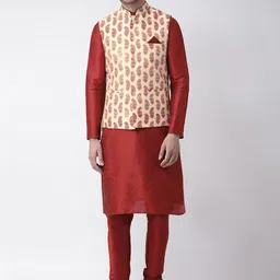 DEYANN Men Cream-Coloured Floral Layered Dupion Silk Kurta with Churidar-picture-11