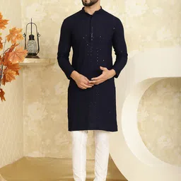 SOJANYA Geometric Embroidered Mandarin Collar Long Sleeves Pure Cotton Kurta With Churidar-image-54