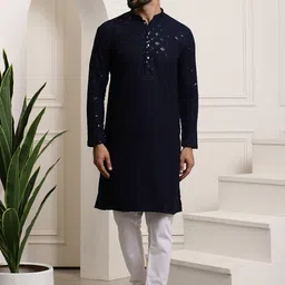 SOJANYA Geometric Embroidered Mandarin Collar Sequinned Pure Cotton Kurta With Churidar-picture-20