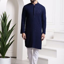 SOJANYA Ethnic Motifs Embroidered Sequinned Pure Cotton Kurta With Churidar-image-96