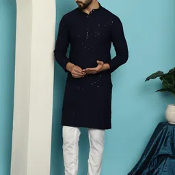 SOJANYA Geometric Embroidered Mandarin Collar Sequinned Pure Cotton Kurta with Churidar-picture-16