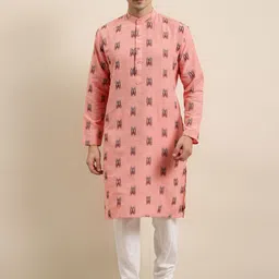SOJANYA Men Peach-Coloured & White Woven Design Cotton Kurta with Churidar-16
