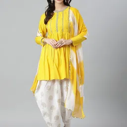 Stylum Women Yellow Ethnic Motifs Yoke Design Pleated Kurti with Dhoti Pants & With Dupatta-picture-6