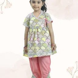 JUNITOS Girls Ethnic Motifs Printed Angrakha Pure Cotton Kurta With Dhoti Pants-image-48