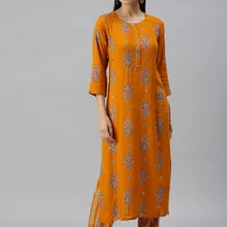 SHOWOFF Women Mustard Yellow Floral Printed Kurta with Trousers-picture-45