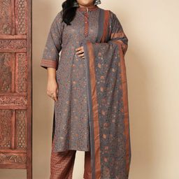 Vbuyz Plus Size Floral Printed Regular Kurta With Trousers & Dupatta-4