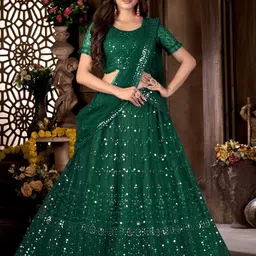 Kvsfab Green Embroidered Sequinned Semi-Stitched Lehenga Choli With Dupatta-image-36