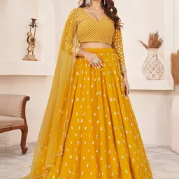FABPIXEL Embroidered Sequinned Semi-Stitched Lehenga & Unstitched Blouse With Dupatta-picture-11