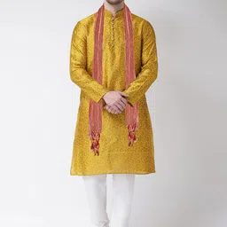 SG LEMAN Men Yellow Embroidered Raw Silk Kurta with Churidar & With Dupatta-picture-37