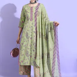 Vishudh Women Green Floral Pure Cotton Kurta with Trouser & Dupatta-51