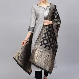 Varanga Women Grey & Black Zari & Thread Work Kurta with Trousers & Dupatta-image-13