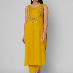 KALINI Women Mustard Yellow Embroidered Mirror Work Kurta with Trousers-21