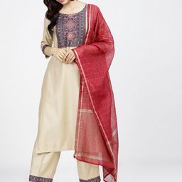 Vishudh Women Beige & Red Ethnic Motifs Empire Kurta With Trousers & Dupatta-image-52