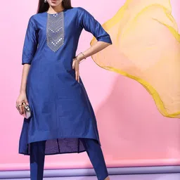 Vishudh Women Blue Embroidered Layered Kurti with Trousers & With Dupatta-image-54