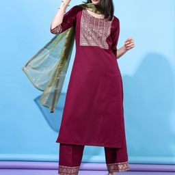 Vishudh Women Pink Embroidered Pleated Kurta with Trousers & Dupatta-image-94