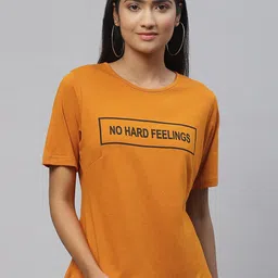 plusS Women Mustard Yellow & Black Typography Print Cotton T-shirt-image-17