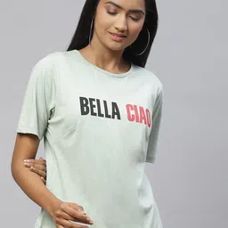 plusS Women Green & Pink Bella Ciao Money Heist Song Print Cotton T-shirt-image-23