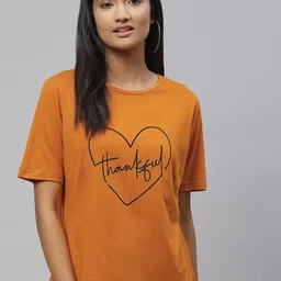 plusS Women Mustard Yellow & Black Typography Printed Cotton T-shirt-image-16