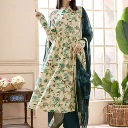 Anouk Floral Printed Mandarin Collar Pure Cotton Kurta with Trousers & Dupatta-24