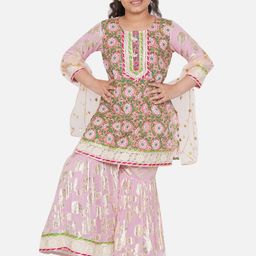 Little Bansi Girls Pink Floral Printed Kurti with Sharara & With Dupatta-image-34