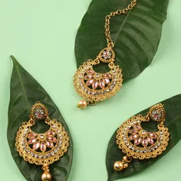 AccessHer Gold-Toned Brass-Plated Embellished Maang Tika with Earrings-picture-10