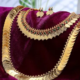 ZENEME Gold Plated Temple Coin Long & Short Textured Necklace With Earring Jewellery Set-8