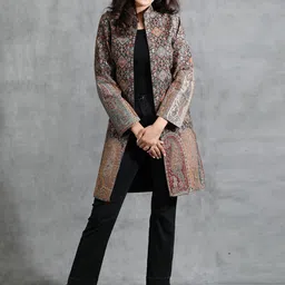 DUSALA INDIA Women Floral Woollen Longline Tailored Jacket with Embroidered-55