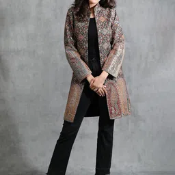DUSALA INDIA Women Floral Woollen Longline Tailored Jacket with Embroidered-57