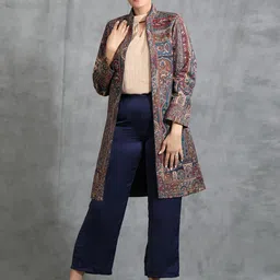 DUSALA INDIA Women Floral Embroidered Woollen Longline Open Front Jacket-2