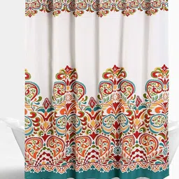 homewards White & Red Floral Printed Shower Curtains With Hooks-32