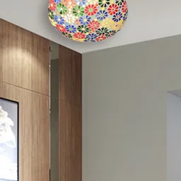 Devansh White & Blue Textured Mosaic Glass Flush Mounted Lamp With Iron Base-12