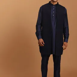 SHRESTHA BY VASTRAMAY Men Navy Shimmer Front Open Jacket With Solid Kurta And Pant Set-4