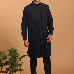 VASTRAMAY Mandarin Collar Regular Kurta With Pyjamas & Glitter Printed Jacket-picture-7