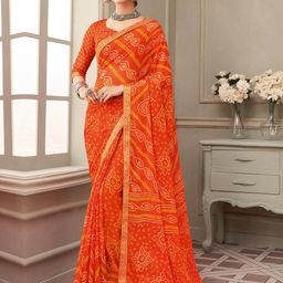 Anouk Orange & White Bandhani Printed Zari Pure Chiffon Bagru Saree-image-50