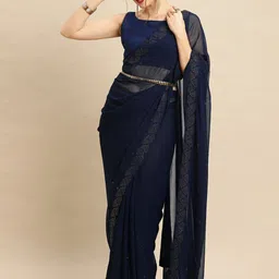 Anouk Navy Blue Beads and Stones Embellished Pure Georgette Saree-image-53