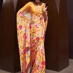 Mitera Yellow & Pink Floral Satin Saree-image-31