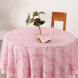 HANDICRAFT PALACE Pink Floral Printed Cotton 4 Seater Round Table Cover With Napkin Set-image-80