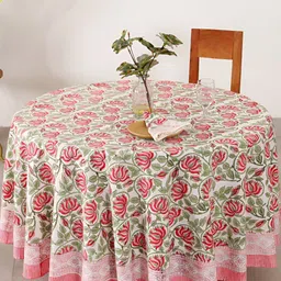 HANDICRAFT PALACE Pink Floral Printed Cotton 8 Seater Round Table Cover With Napkin Set-20