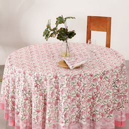 HANDICRAFT PALACE Pink Floral Printed Cotton 8 Seater Round Table Cover With Napkin Set-image-25