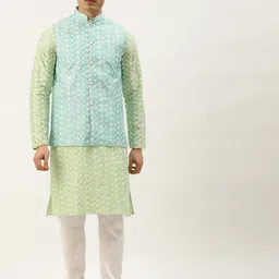 SOJANYA Men Blue & Green Ethnic Motifs Embroidered Kurta with Churidar-image-85