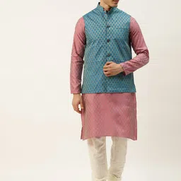 SOJANYA Men Pink & Golden Self Design Kurta with Churidar & Nehru Jacket-image-72